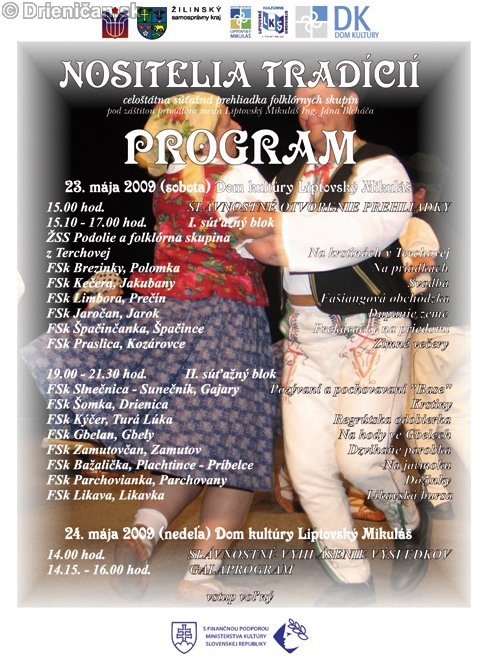 Program celoštátnej prehliadky folklórnych skupín Nositelia tradícií 2009 Liptovský Mikuláš 23. a 24.5.2009