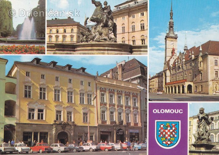 Olomouc-Smetanový sady. Caerasova kašna na náměstí Míru (1724). Budova Radnice založená r. 1378. Barokní domy v západní části náměstí Míru. Herkulova kašna na náměstí Míru (1668).